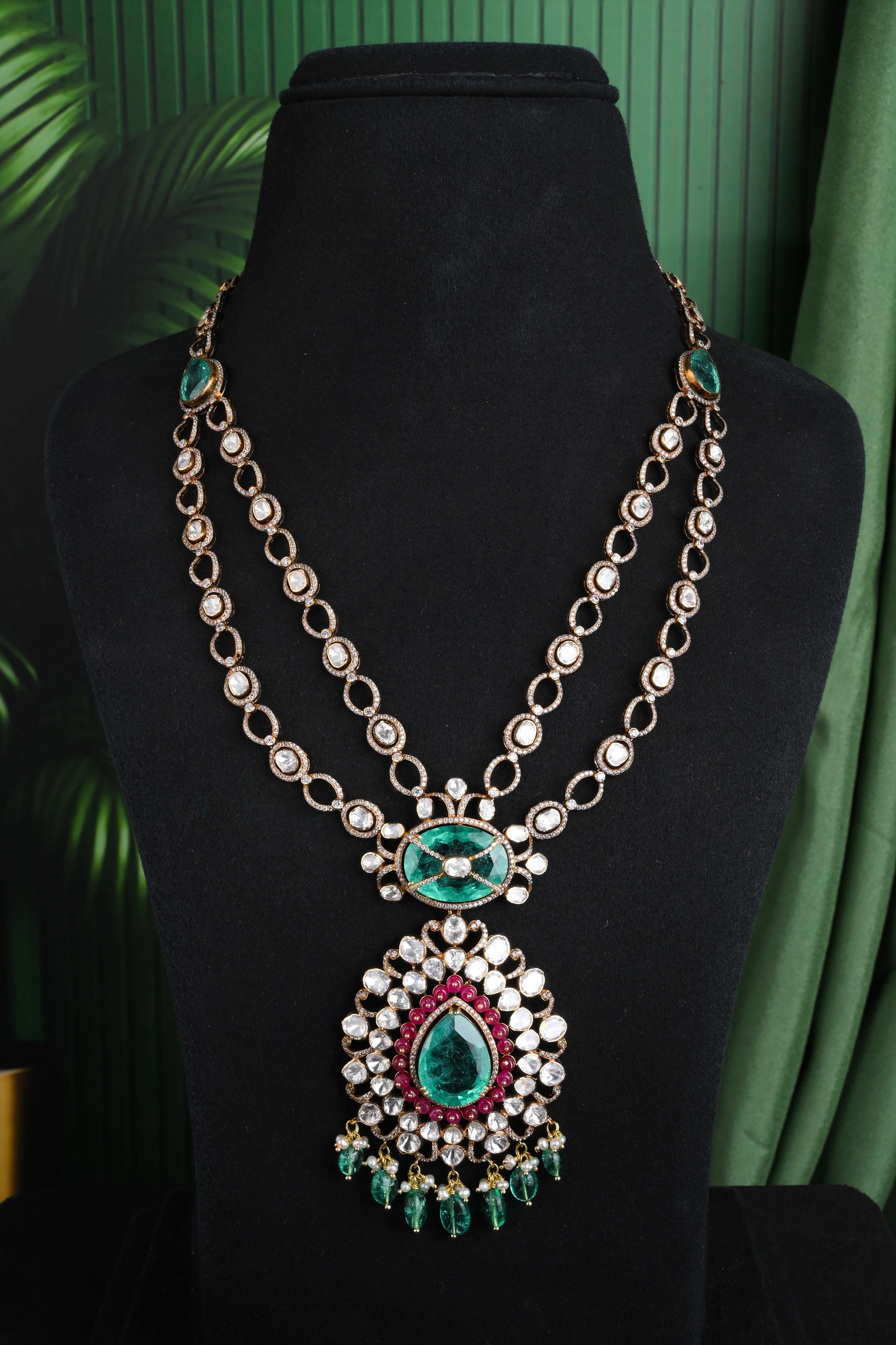 Brinda Gold and Diamonds - Two liner Emerald Polki Haram